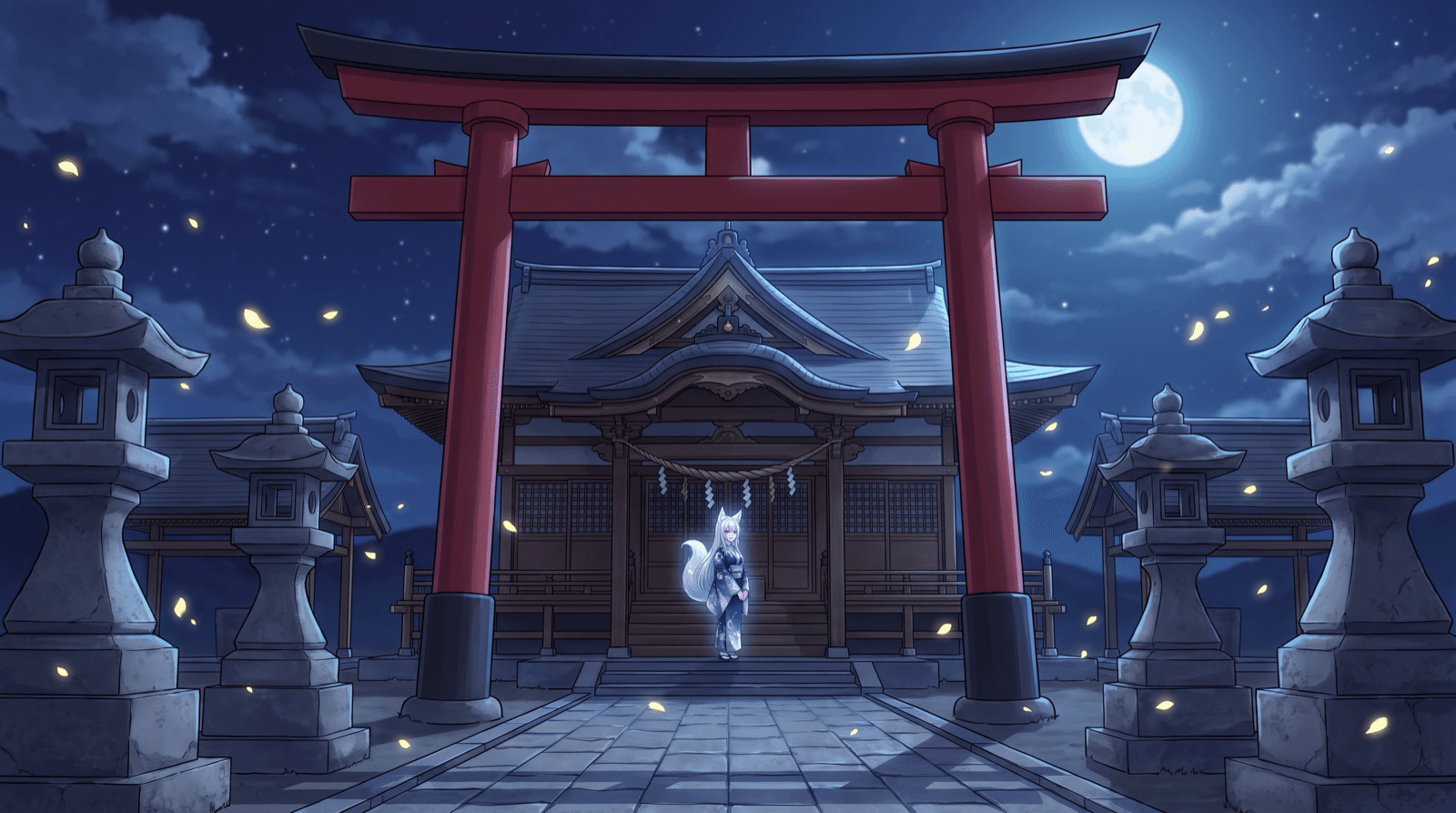 月夜の鳥居の下、参道に立つ葛葉